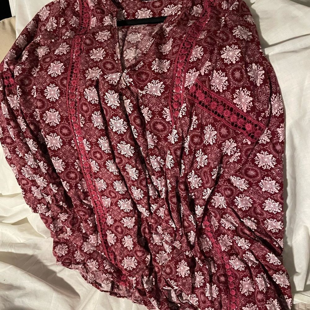 En Creme Burgundy Floral Blouse Boho Feminine